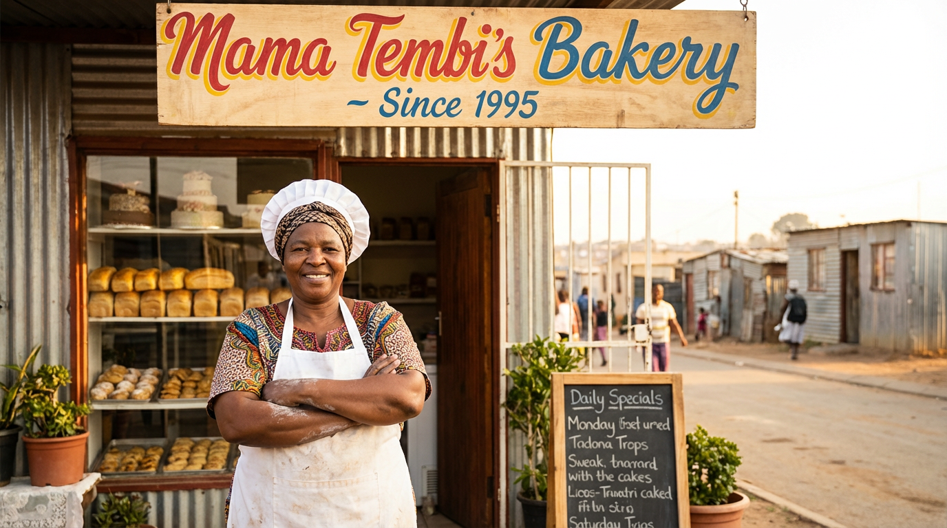 Mama Tembi standing proudly in front of her bakery